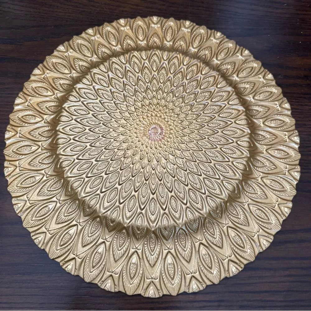 Vietri Peacock Feather Gold Platter Charger Dish Plate NWT